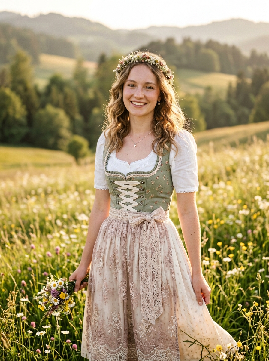 Blumenkranz mit offenen Wellen als Dirndlfrisur Inspiration 2026